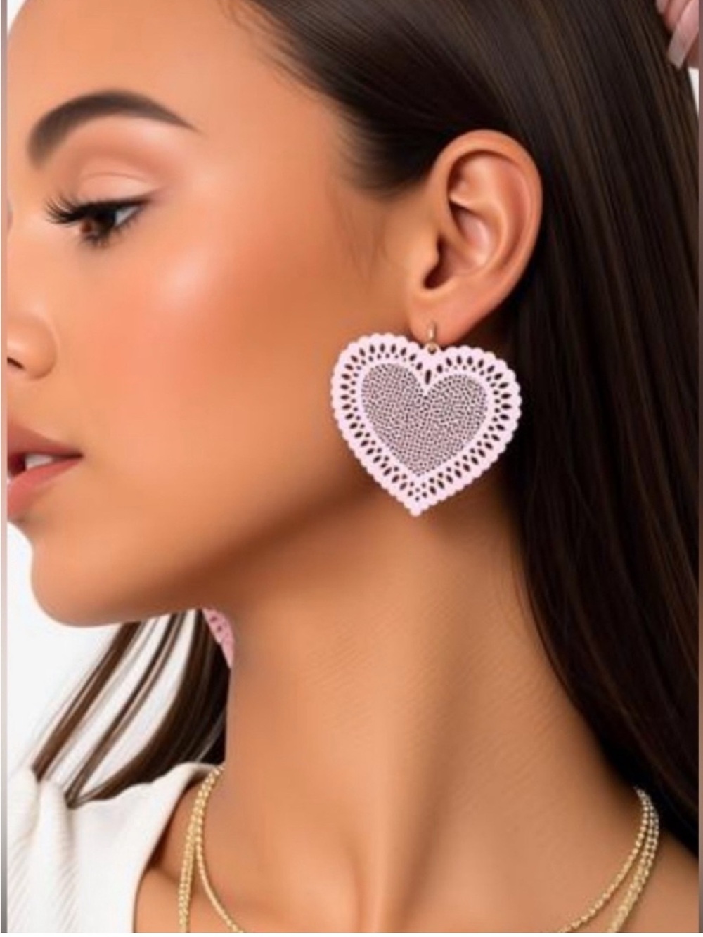 Plunder Pale Pink Heart Lace Drop Earrings